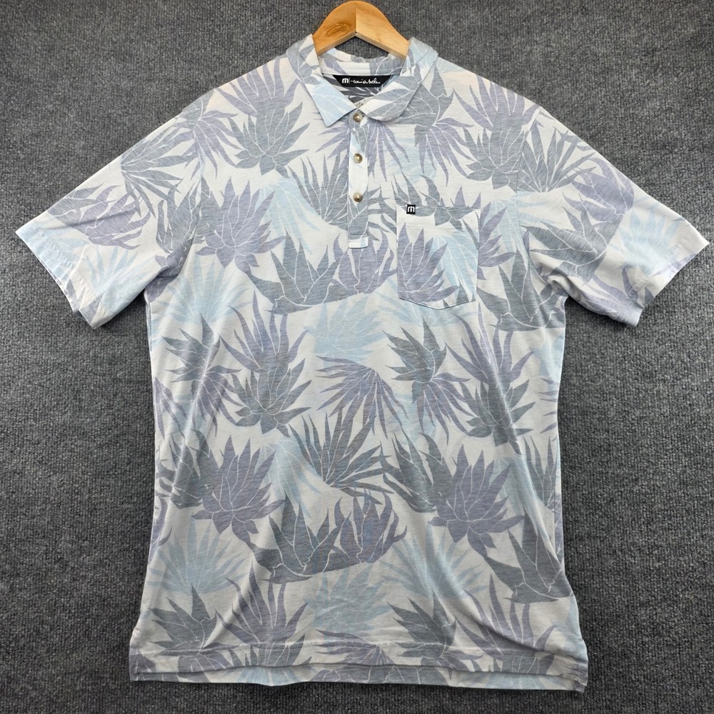 TravisMathew Mens L Polo Shirt Blue Grey Tropical Leaf Pima Cotton Blend Pocket
